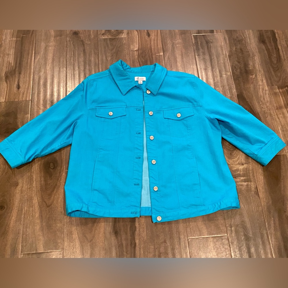 Denim & Co stretch jacket size XL turquoise blue button 3/4 sleeve women